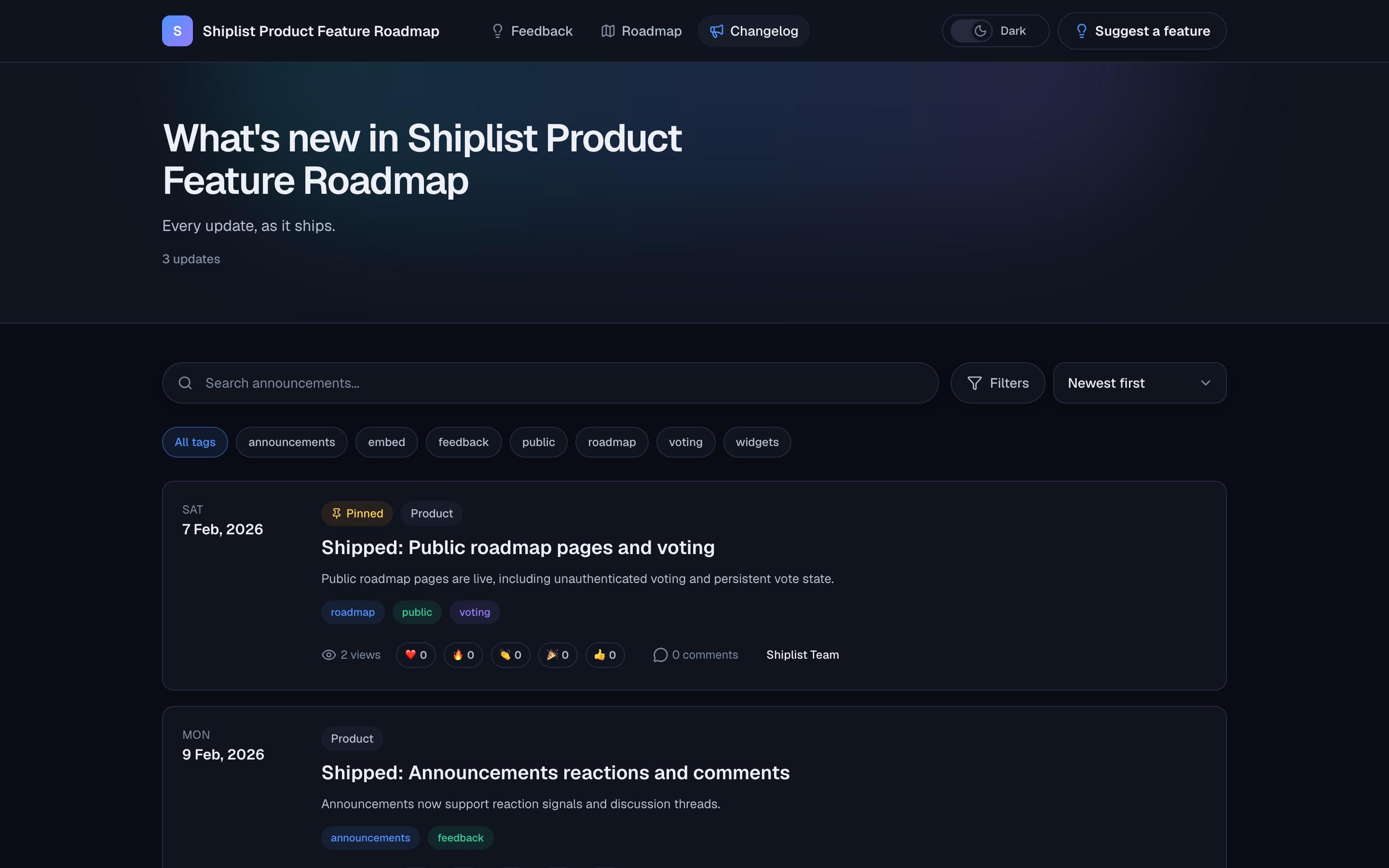 A real Shiplist public changelog with shipped updates