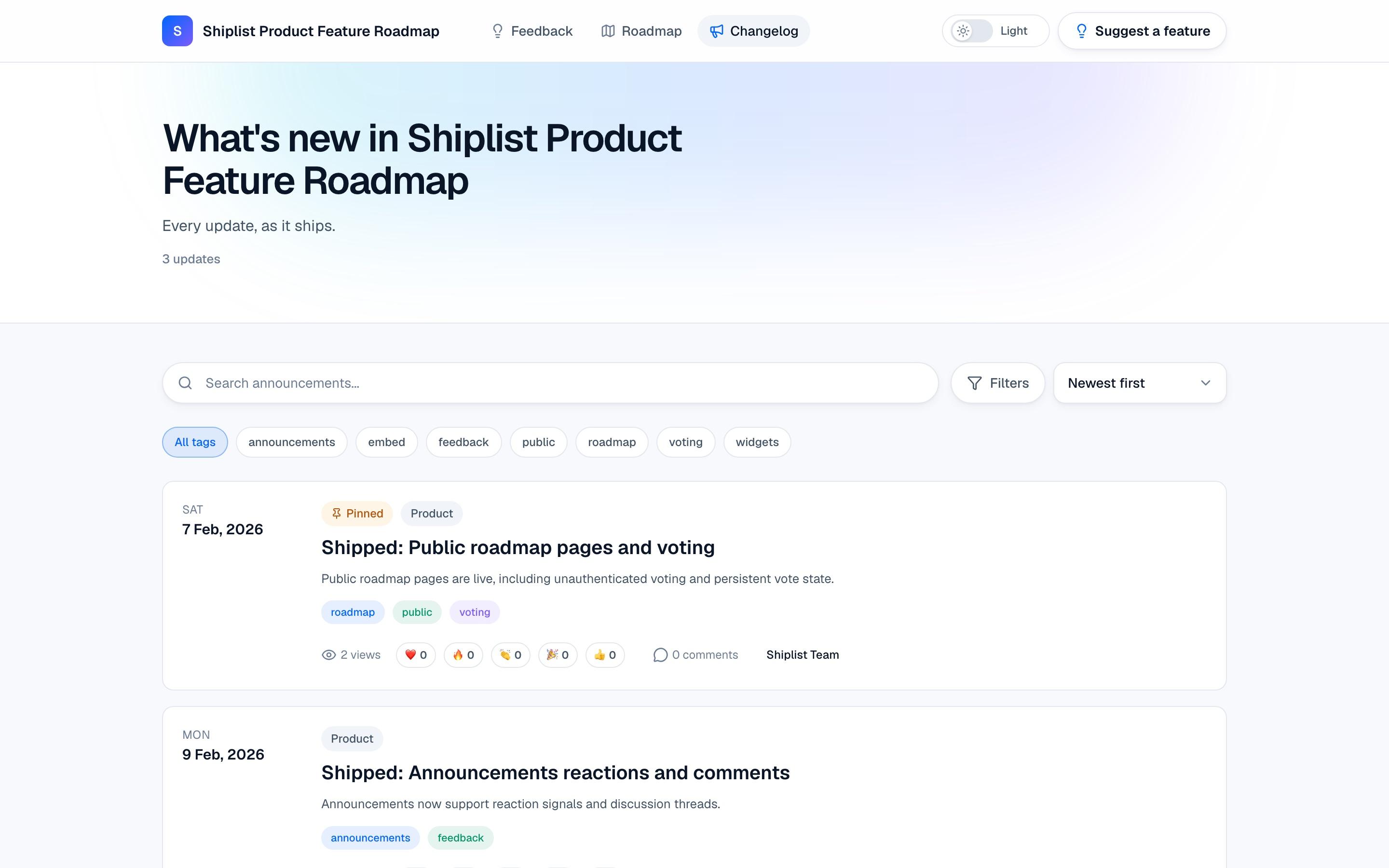 A real Shiplist public changelog with shipped updates