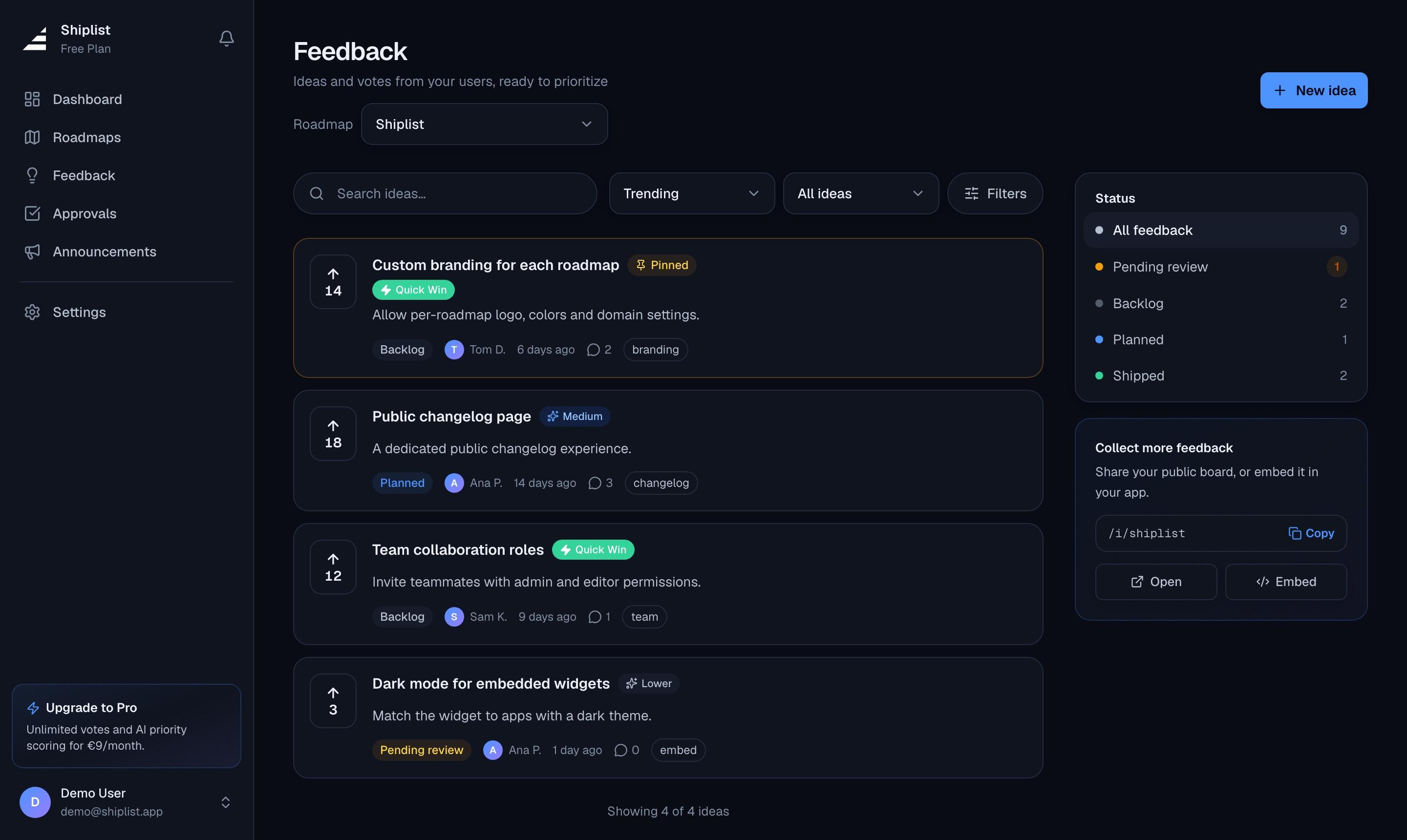 Shiplist dashboard: feedback list with votes, AI priority badges and status filters