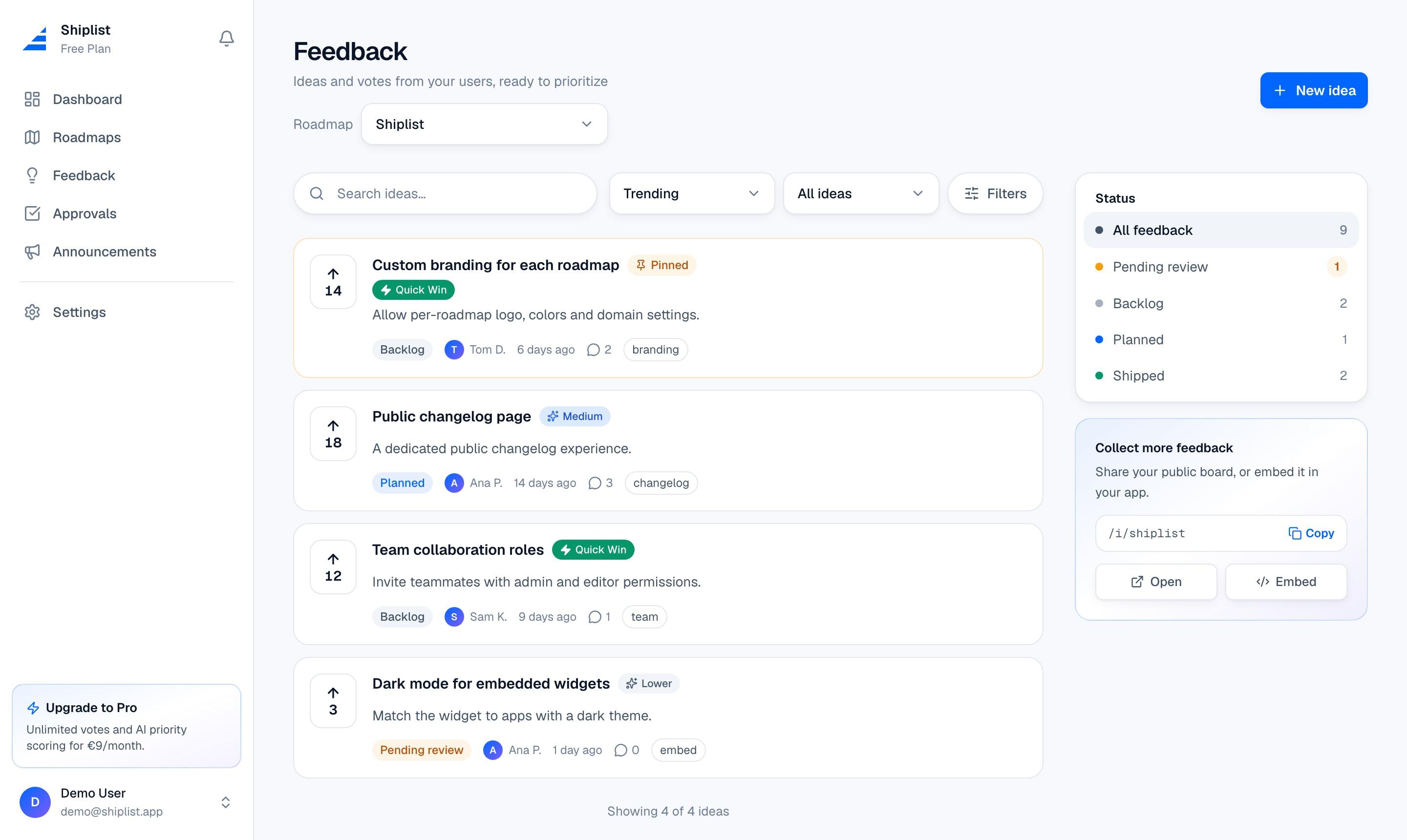 Shiplist dashboard: feedback list with votes, AI priority badges and status filters