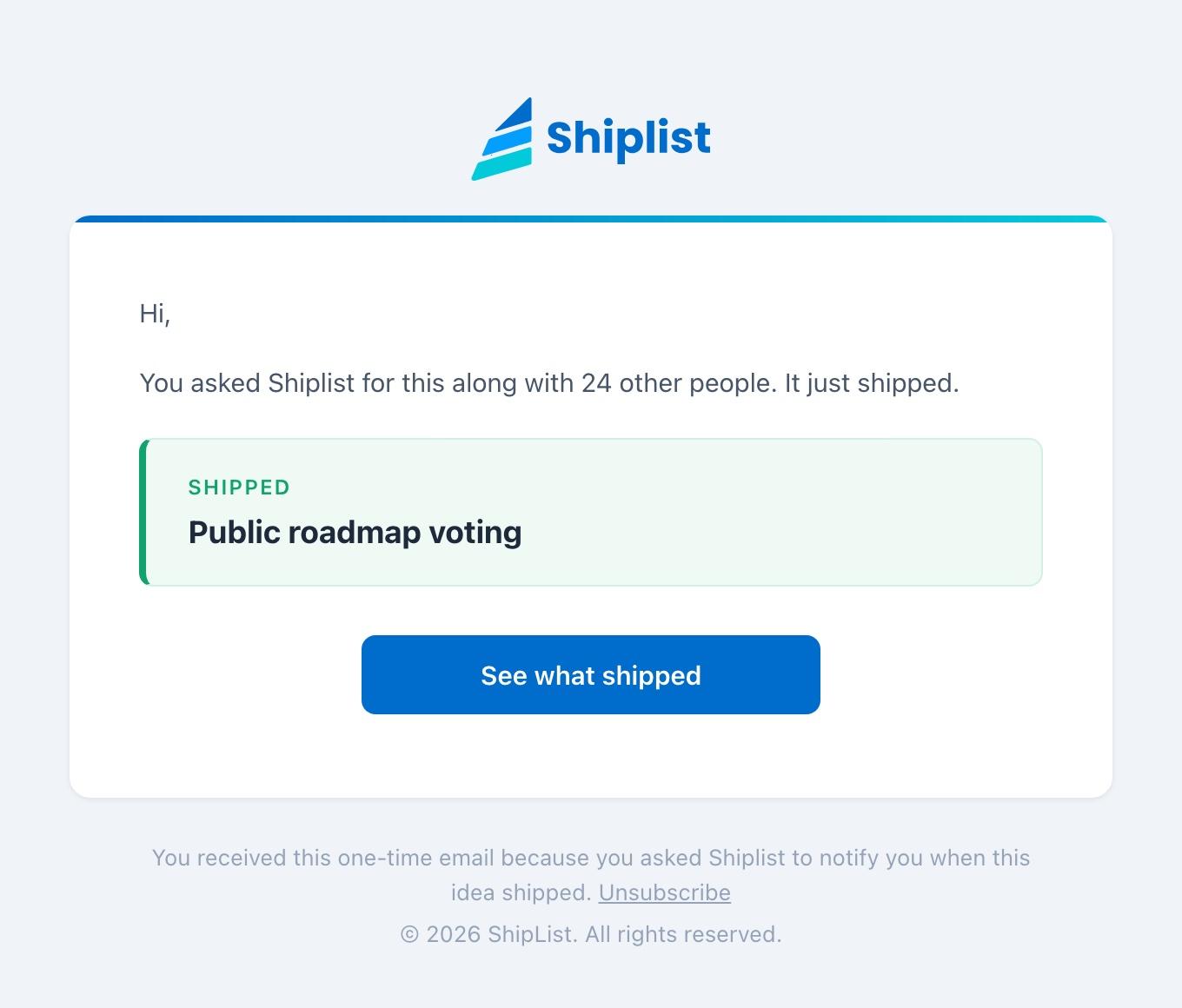 The email voters receive when their idea ships: “You asked for this along with 24 other people. It just shipped.”