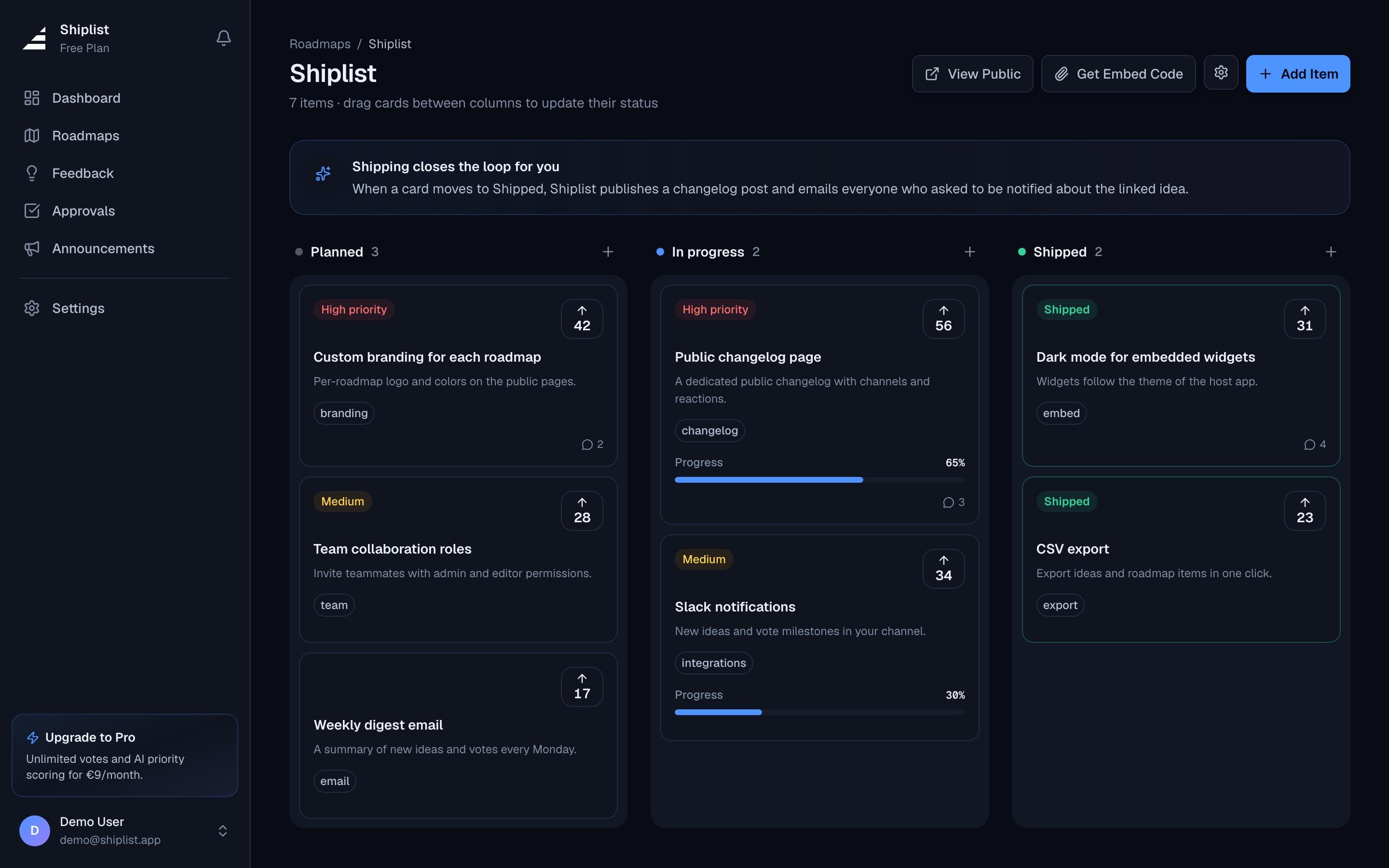 The Shiplist roadmap board: Planned, In progress and Shipped columns with priorities, votes and progress