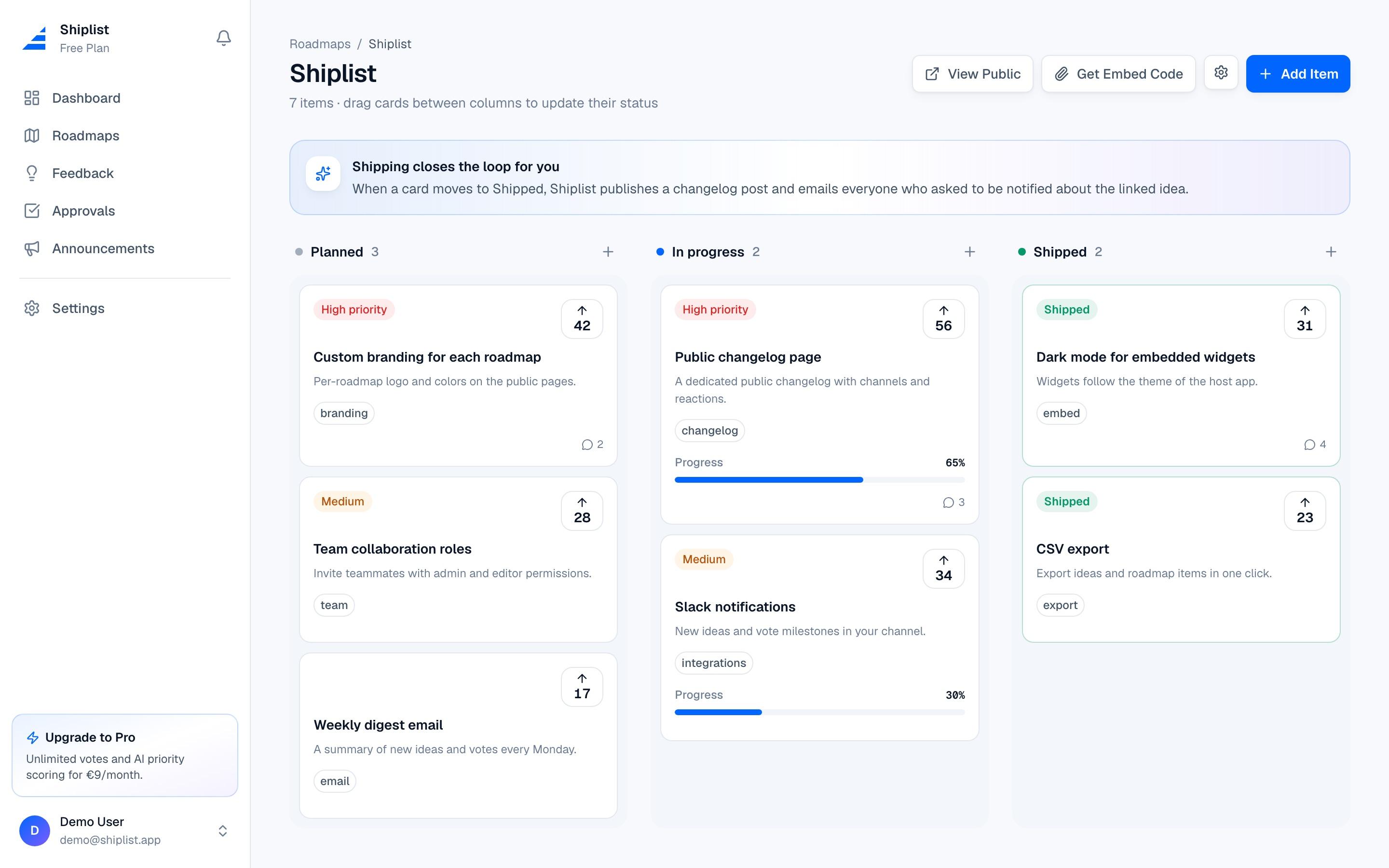 The Shiplist roadmap board: Planned, In progress and Shipped columns with priorities, votes and progress